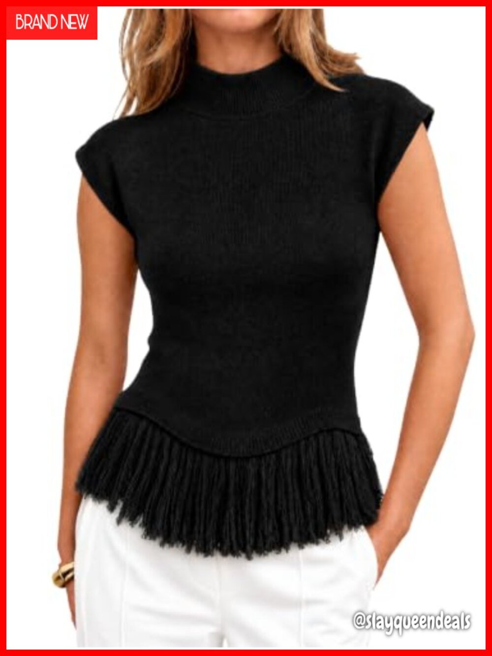 Womens Fringe Sweater Vest Mock Neck Cap Sleeve Cable Knit Tank Top